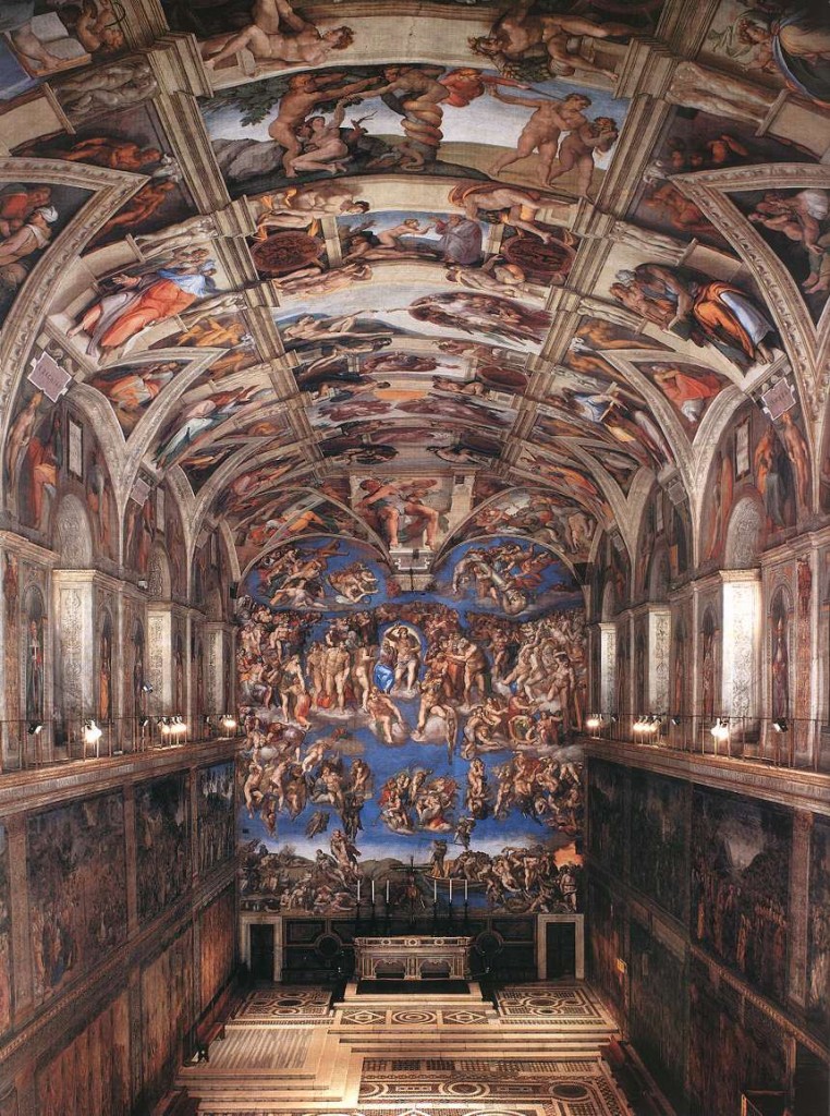 Photograph of the interior of the Sistine Chapel in the Vatican.